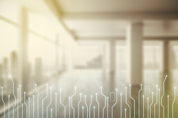 Aufkleber - Double exposure of abstract virtual circuit hologram on empty modern office background. Research and development hardware concept