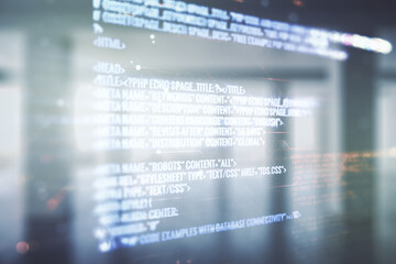 Poster - Multi exposure of abstract creative coding sketch on empty corporate office background, artificial intelligence and neural networks concept