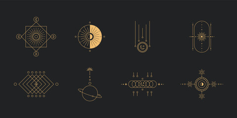Wall Mural - set of moon and sun line art. minimal boho linear symbols. celestial mystic element. vector line art