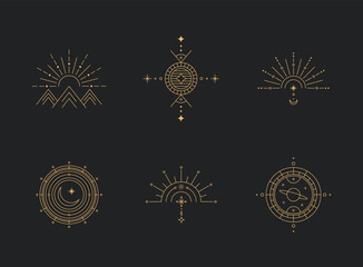 Set of moon and sun line art. Minimal boho linear symbols. Celestial mystic element. Vector line art illustration.