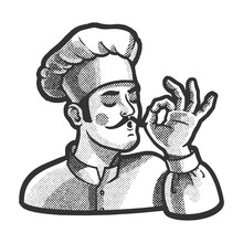 Bellissimo Gesture Chef Cook Sketch Halftone Pattern Vector Illustration. Scratch Board Imitation. Black And White Hand Drawn Image.
