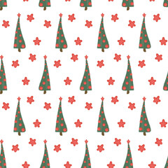 Wall Mural - Seamless pattern with cute childish christmas trees with red stars Stylized hand drawn design Vector illustration in flat cartoon style for wrapping paper, textile, fabric and packaging decoration 