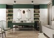Nowoczesna, elegancka i przestronna łazienka, salon kąpielowy. We wnętrzu połączone zostały jasny marmur i ciemna zieleń na ścianach z ciemnym drewnem na mebli i wykończeń.