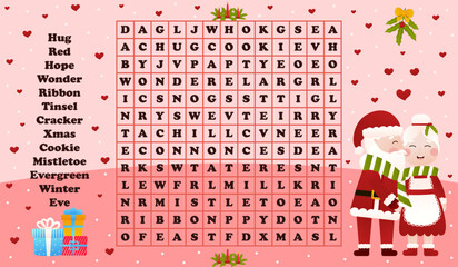 Wall Mural - Christmas worksheet with word search game with santa claus and mrs claus kissing, printable riddle for kids for winter holidays in cartoon style