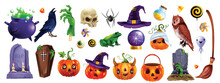 Halloween Object Sticker Set, Tombstone, Vector Spooky Party Badge Kit, Funny Pumpkin, Eye. Cartoon Scary Zombie Hand, Holiday Sweets, Witch Hat, Magic Potion Cauldron. Halloween Object UI Game Icon.