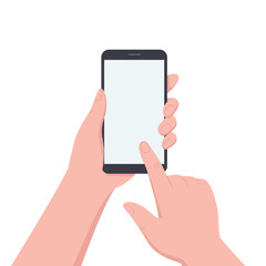 Hands holding black smartphone, touching blank screen. Using mobile phone. Flat vector illustration
