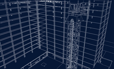 Wall Mural - construction site engineering with tower crane architecture 3D line sketch blueprint