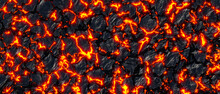 Realistic Lava Flame On Black Ash Background. Texture Of Molten Magma Surface