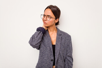 Young hispanic woman isolated on white background tired and very sleepy keeping hand on head.