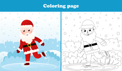 Wall Mural - Christmas coloring page with santa claus character ice skating, printable worksheet for kid in cartoon style, winter holidays activity