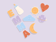 Children Puzzle With Different Cute Object. Child Style Cloud Smiling. Sun, Moon And Text. Vector Illustration Concept