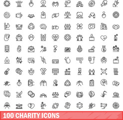 Poster - 100 charity icons set. Outline illustration of 100 charity icons vector set isolated on white background