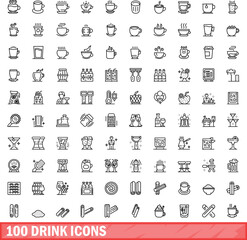Sticker - 100 drink icons set. Outline illustration of 100 drink icons vector set isolated on white background