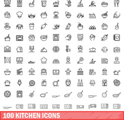 Wall Mural - 100 kitchen icons set. Outline illustration of 100 kitchen icons vector set isolated on white background