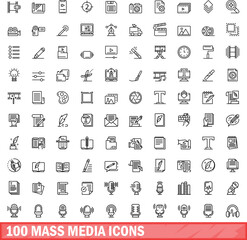 Poster - 100 mass media icons set. Outline illustration of 100 mass media icons vector set isolated on white background