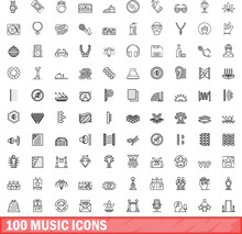 100 Music Icons Set. Outline Illustration Of 100 Music Icons Vector Set Isolated On White Background