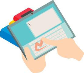 Poster - Distance education icon isometric vector. Tablet in human hand, book background. Modern technology in education