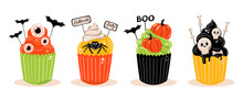 Vector Illustration Of Halloween Cupcakes On White Background. Happy Halloween, Scary Sweets