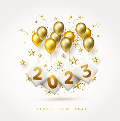 Happy New Year poster. Golden 3D balloons, stars with numbers on white background. Gold ballons, tinsel, confetti and 2023 holiday greeting card design template