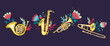 Set of brass musical instruments, decorated with flowers. Symphony orchestra. Classical wind instruments: trumpet, saxophone, trombone french horn. Hand-drawn flat cartoon vector