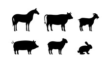 Set Of Farm Animal Silhouettes. Pig, Horse, Goat, Sheep, Rabbit, Cow Black Silhouettes. Farm Animals Character Icons Set Isolated On White Background