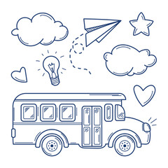 Back to School. Set of doodles pictures, school bus, paper plane, light bulb, clouds. Isolated on white background