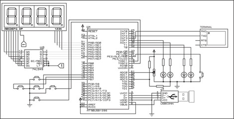 Wall Mural - The vector  electrical schematic diagram of a digital usb
information output device,
operating under the control of an ATmega microcontroller.
Vector drawing of an electronic device in a1 format.