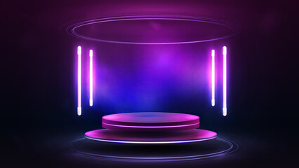 Wall Mural - Empty podium floating in the air with line neon lamps around. Illustration with abstract scene with pink neon lamps and floating podium