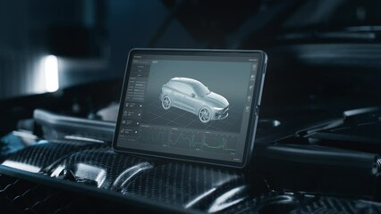 Process of wireless scanning and error analysis in a modern application on the tablet screen. The animation shows the projection of the internal combustion engine.