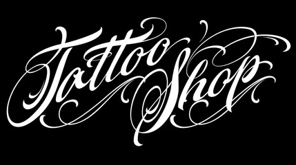 Tattoo shop calligraphic lettering isolated on black background 