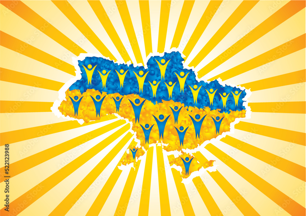 Ukraine Graphics Map of Ukraine against the background of diverging rays. Figures of ...