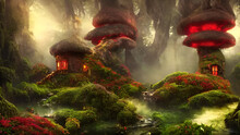 Fantasy Little Mushroom-like Cottages In Magic Forest