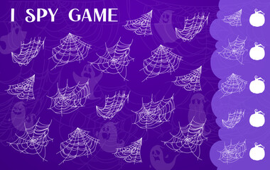 Aufkleber - Halloween I spy game of cartoon spiderweb and cobweb, ghost and pumpkin silhouettes. Vector puzzle or brain riddle worksheet with scary spider webs and nets, Halloween horror quiz of kids education