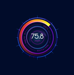 Aufkleber - Futuristic car speedometer gauge dial. Neon led speed meter. Electric vehicle speedometer digital screen, motorbike dashboard circle interface or tachometer counter with energy level indicator bar