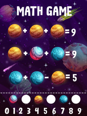 Poster - Math game worksheet. Cartoon galaxy space comets, planets and stars. Kids puzzle game with addition and subtraction task, child mathematical playing activity or vector riddle with fantasy planets