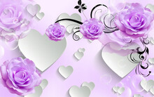 3d Wallpaper Purple Jewelry Flowers With White Harts On Purple Background