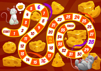 Leinwandbilder - Kids board game worksheet, cartoon mouse with cheese, vector entertainment tabletop. Dice or step race game worksheet with start and finish with funny mouse and lump pieces of cheese