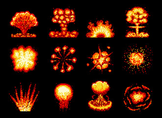 Poster - Pixel game explosion, burst, fire. Air attack hit burst pixel game asset, atomic bomb explosion flash retro arcade vector asset. Dynamite explosive fiery detonation 8bit game pixel icons