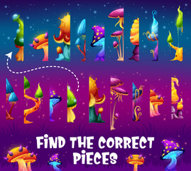 Poster - Find the correct half piece of magic mushroom. Game worksheet. Kids educational game vector worksheet or children quiz, parts search riddle with magic fungi, luminous fluorescent fantasy mushrooms