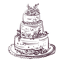 Wedding Cake With Roses In 3 Tiers, Vintage Sketch On A White Background. Holiday Dessert In Vintage Style. Hand-drawn Wedding Cake In Provence Style