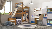 Modern Children Room With Creative Bunk Bed, Round Rug And Study Area, 3d Illustration