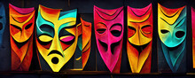 Theater, Drama And Comedy Masks With Curtains, Box Office And Posters In The Background. AI-generated Digital Painting.