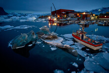 Greenland Harbor, Arctic Winter Polar Night, Boat Anchored To Iceberg