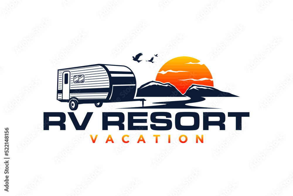 RV logo recreational vehicle design river lake sunset emblem badge ...