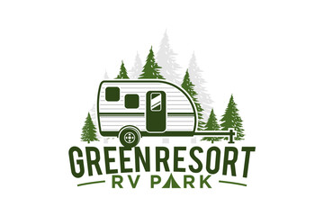 Recreational Vehicle logo design holiday journey traveler pine tree forest RV silhouette