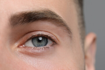 Wall Mural - Closeup view of young man with beautiful eyes on grey background