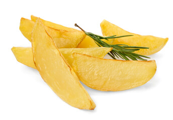 Tasty baked potato wedges with rosemary on white background