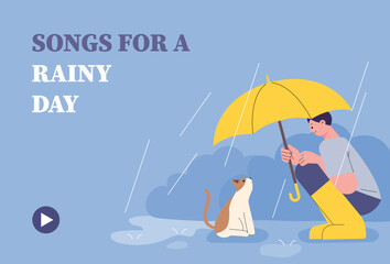 Wall Mural - a man is putting an umbrella on a cat on the road on a rainy day. cute and emotional concept. flat d