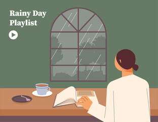 A woman is drinking coffee and reading a book. She is watching the rain falling outside her window. flat design style vector illustration.