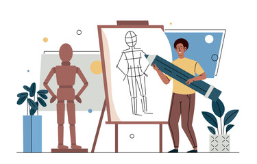 Fototapete - Illustration designer with pen. Man in apartment draws layout on canvas. Evaluation of proportions and preparation of place for work. Creative character and art. Cartoon flat vector illustration